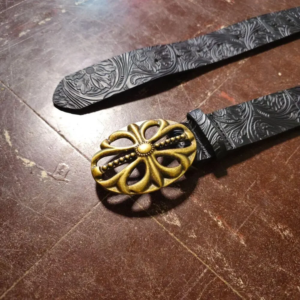 Belt Gothic Tooled Leather Cross Buckle Black (45 in) ✨